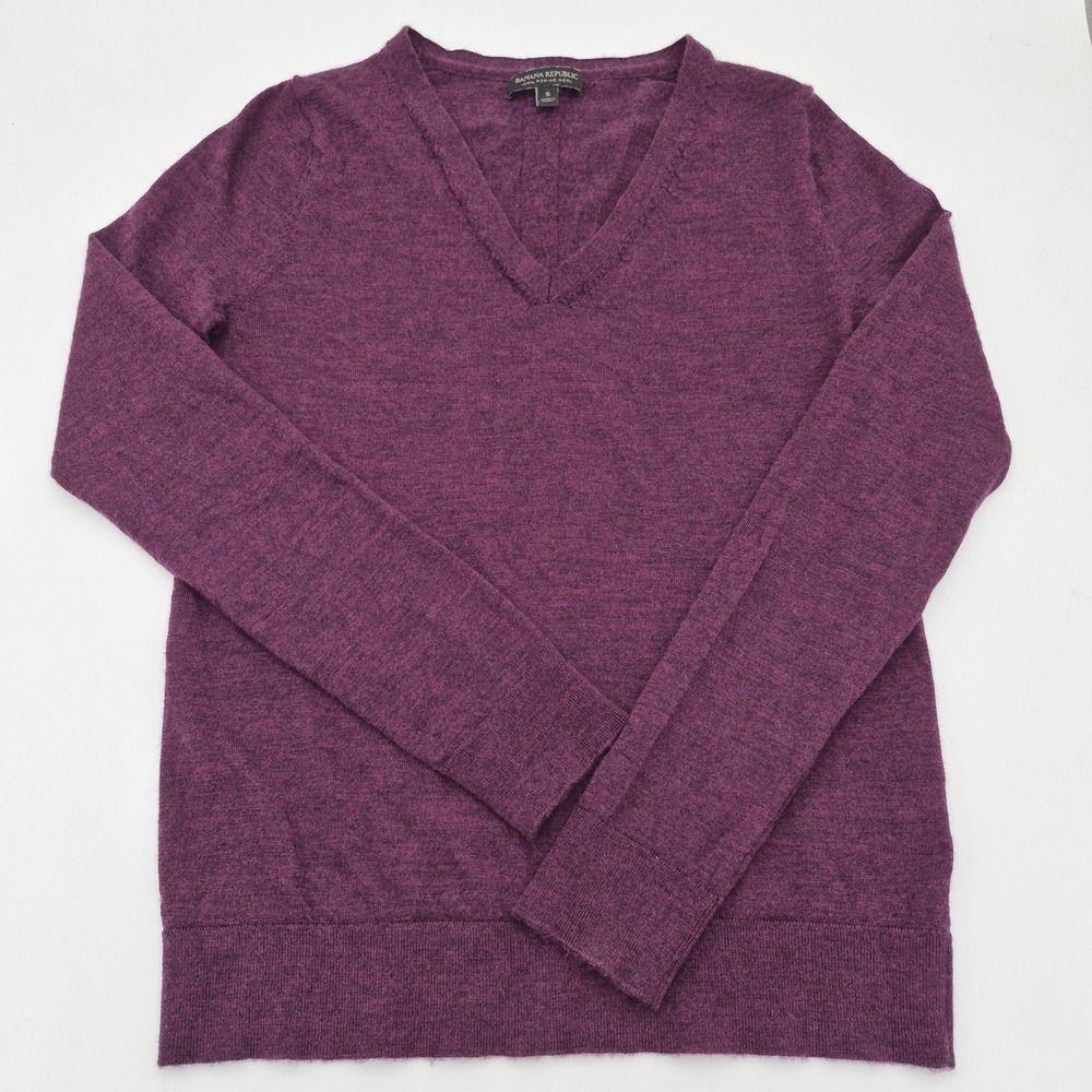 Banana Republic Womens Purple 100% Merino Wool V-Neck Sweater Size Small Heather